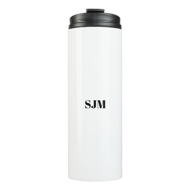 Minimalistische Schwarz-weiße Monogramm-Initialen Thermosbecher (Vorderseite)