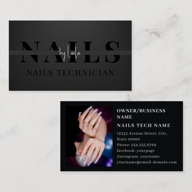 Minimalistische Schwarz-weiße Script-Nails Visitenkarte (Vorne/Hinten)