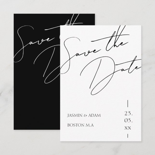 Minimalistische Schwarz-weiße Script-Typografie-Ho Save The Date (Vorne/Hinten)