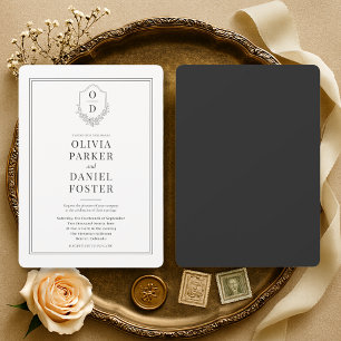 Minimalistische schwarz-weiße Wappen-Hochzeit Einladung