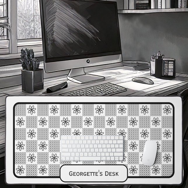 Minimalistische schwarze Blume - Auf Weiß geprüft Schreibtischunterlage (Minimalist Black Floral Checked on a white Background by Office Accessories Shop)