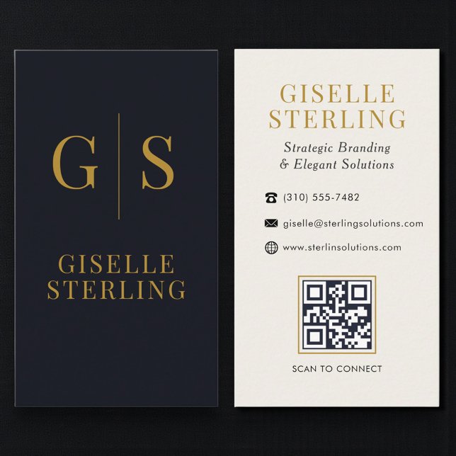 Minimalistische schwarze Gold-Monogramm-QR-Code Visitenkarte (Von Creator hochgeladen)