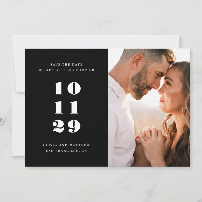 Minimalistische schwarze Hochzeit | Moderne editor Save The Date (Vorderseite)
