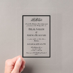 Minimalistische schwarze islamische Hochzeit Acryleinladungen