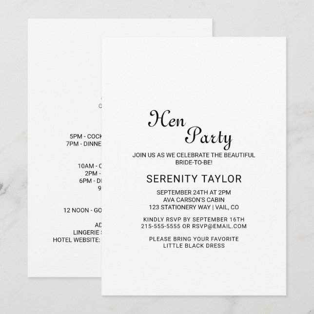 Minimalistische Schwarze Kalligraphie Hen Party Ei Einladung (Vorne/Hinten)