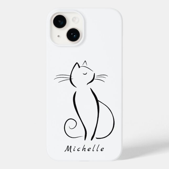 Minimalistische schwarze Katze auf weißem Namen Case-Mate iPhone Hülle (Rückseite)