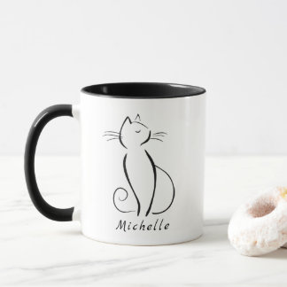 Minimalistische schwarze Katze auf weißem Namen Tasse
