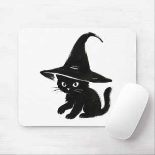 Minimalistische schwarze Katze mit Hexenhut-Design Mousepad
