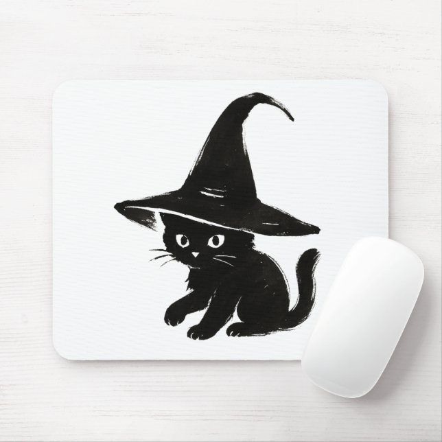 Minimalistische schwarze Katze mit Hexenhut-Design Mousepad (Mit Mouse)