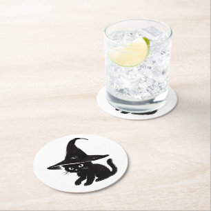 Minimalistische schwarze Katze mit Hexenhut-Design Runder Pappuntersetzer