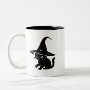 Minimalistische schwarze Katze mit Hexenhut-Design Zweifarbige Tasse