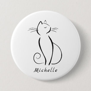 Minimalistische schwarze Katze mit weißem Namen Button