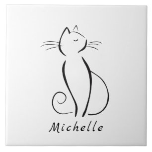 Minimalistische schwarze Katze mit weißem Namen Fliese