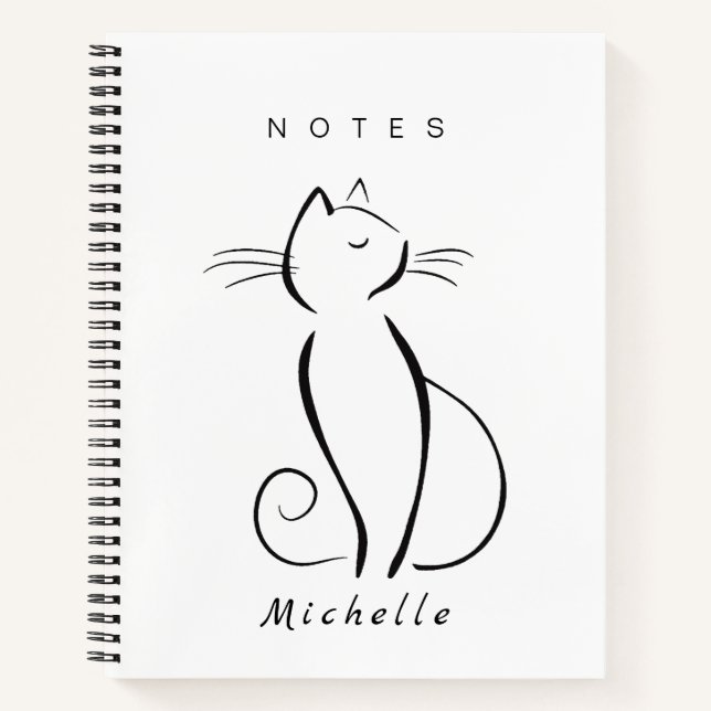 Minimalistische schwarze Katze mit weißem Namen Notizbuch (Vorderseite)