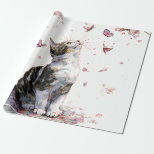 Minimalistische schwarze Katze - rosa Blüten & gol Geschenkpapier