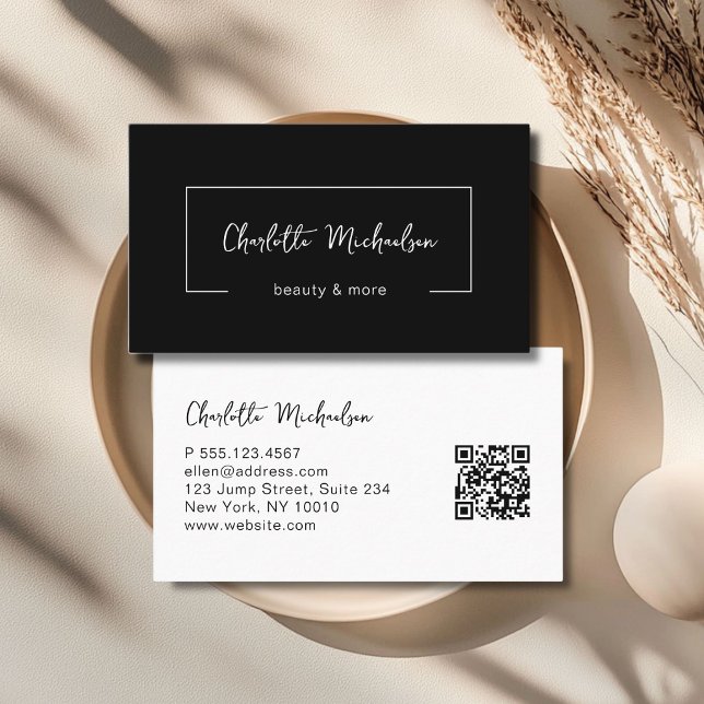 Minimalistische schwarze QR-Code-Handschrift Visitenkarte (Minimal Handwriting Black QR Code Business Card)