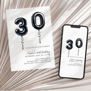Minimalistische schwarze und weiße Ballons 30. Geb Einladung