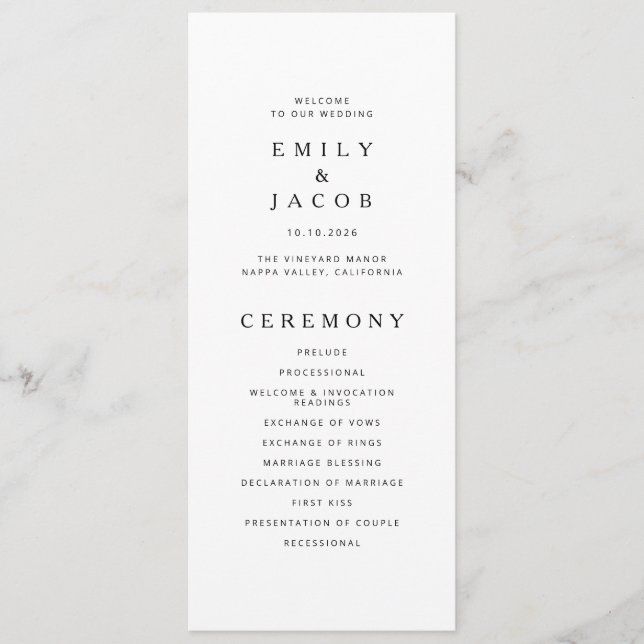 Minimalistische schwarze und weiße Hochzeit Programm (Vorderseite)