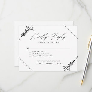 Minimalistische schwarze und weiße Hochzeitsmenüau RSVP Karte
