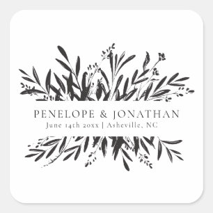 Minimalistische schwarze weiße botanische Hochzeit Quadratischer Aufkleber