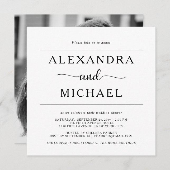 Minimalistische Schwarzweiss-Foto-Paar-Dusche Einladung (Vorne/Hinten)