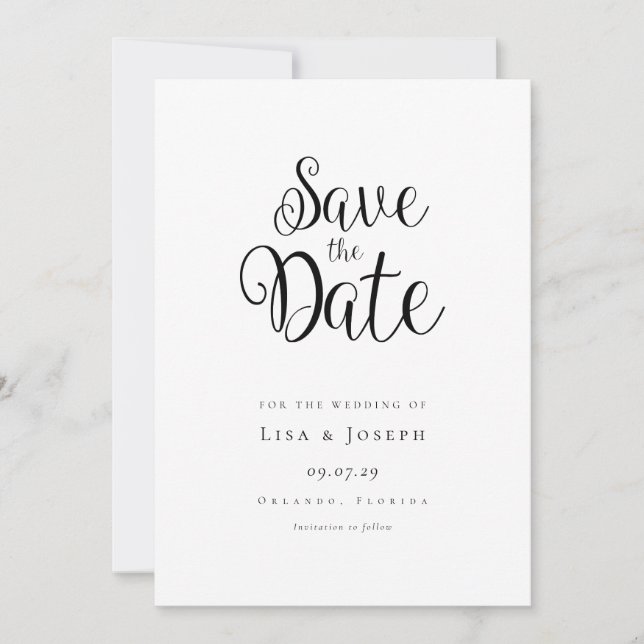 Minimalistische Schwarzweiß-Schrift Save The Date (Vorderseite)