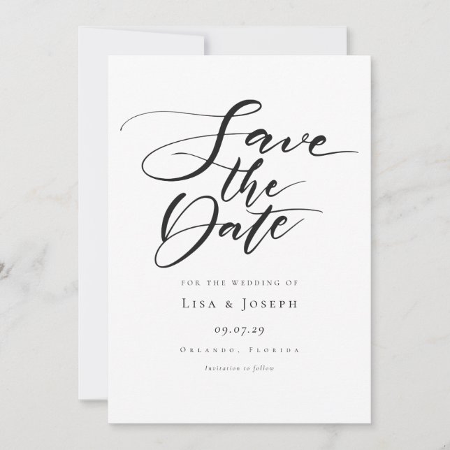Minimalistische Schwarzweiß-Schrift Save The Date (Vorderseite)
