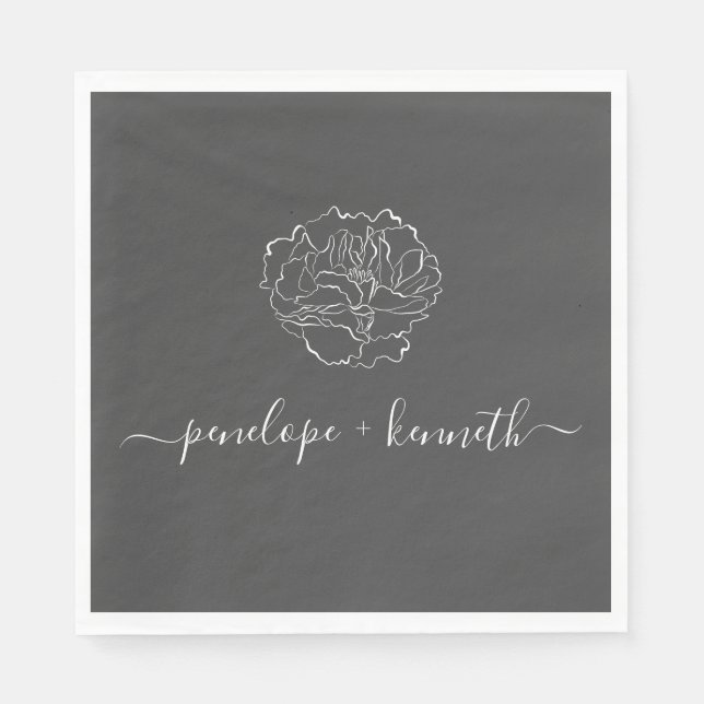 Minimalistische Script-Blume Schwarz-Weiß-Hochzeit Serviette (Vorderseite)