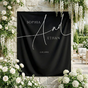 Minimalistische Script Calligraphy Black Wedding Wandteppich