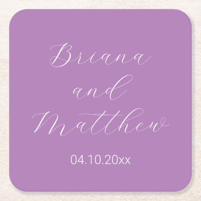 Minimalistische Script Calligraphy Lavender Weddin Rechteckiger Pappuntersetzer (Vorderseite)