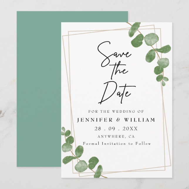 Minimalistische Seite Grüne Blüte Save the Date Einladung (Vorne/Hinten)