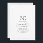 Minimalistische Silber 60. Geburtstag Einladung<br><div class="desc">Diese minimalistisch silberne 60. Geburtstagseinladung ist perfekt für eine einfache Geburtstagsfeier. Das moderne romantische Design besticht durch klassische silbergraue und weiße Typografie gepaart mit einer rustikalen und eleganten Kalligraphie mit Vintagem handgeschriebenem Stil. Anpassbar in jeder Farbe. Behalt das Design einfach und elegant, wie es ist, oder personalisiere es durch Hinzufügen...</div>