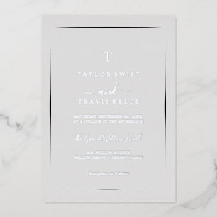 Minimalistische Silberfolie   Graue Monogramm-Hoch Folieneinladung