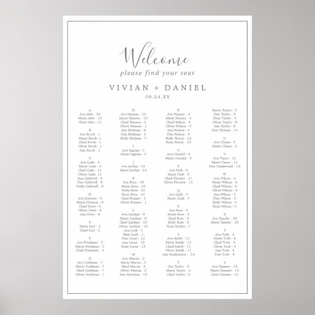 Minimalistische Silver Alphabetic Seating Chart Poster (Vorne)