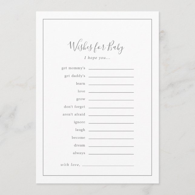 Minimalistische Silver Baby Dusche Wünsche für Bab Hinweiskarte (Vorderseite)