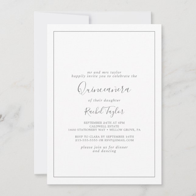 Minimalistische Silver Quinceañera Einladung (Vorderseite)