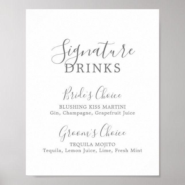 Minimalistische Silver Signature Drinks Zeichen Poster (Vorne)