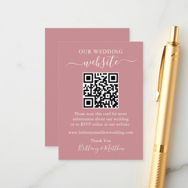 Minimalistische Simple Wedding Website QR Dusty Ro Begleitkarte (Vorderseite/Rückseite Beispiel)