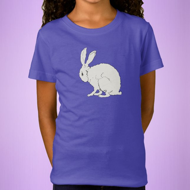 Minimalistische Sitzen Weiße Kaninchen schwarze Ko T-Shirt (Pretty sitting white rabbit drawing on purple childs tee shirt.)