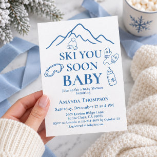 Minimalistische Ski You Soon Blue Boy Babyparty Einladung