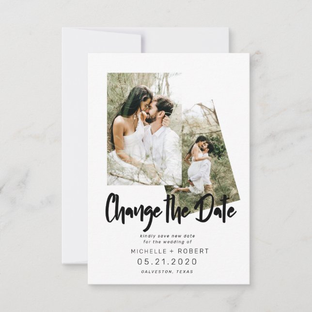 Minimalistische Skript zwei Foto ändern Datum Einladung (Vorderseite)