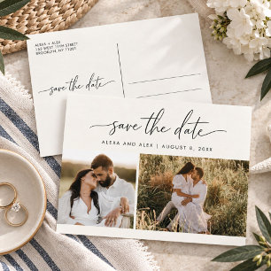 Minimalistische Skript Zwei Foto Hochzeit Save the Ankündigungspostkarte