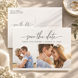 Minimalistische Skript Zwei Foto Hochzeit Save the Ankündigungspostkarte