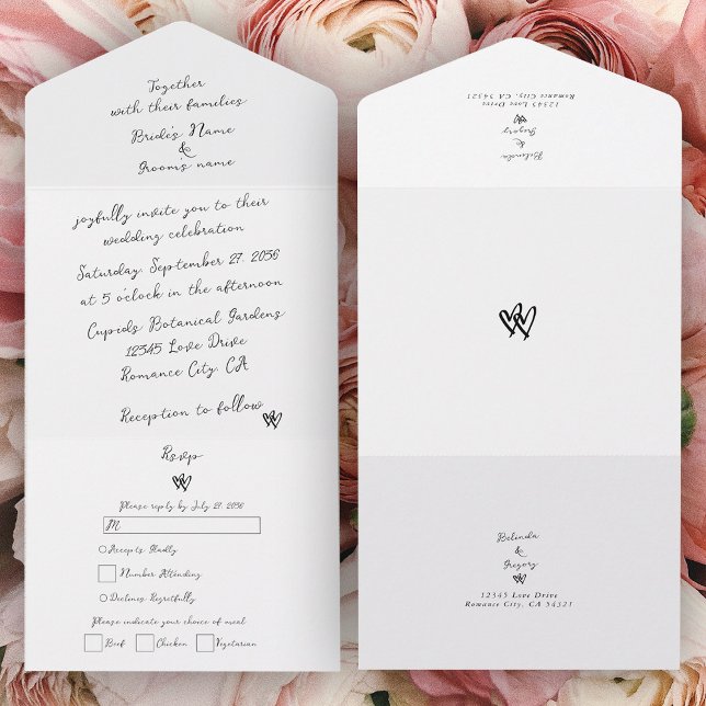 Minimalistische Skripthandschrift Schriftliche Typ All In One Einladung (Minimalist Script Hand Written Typography Wedding All In One Invitation)