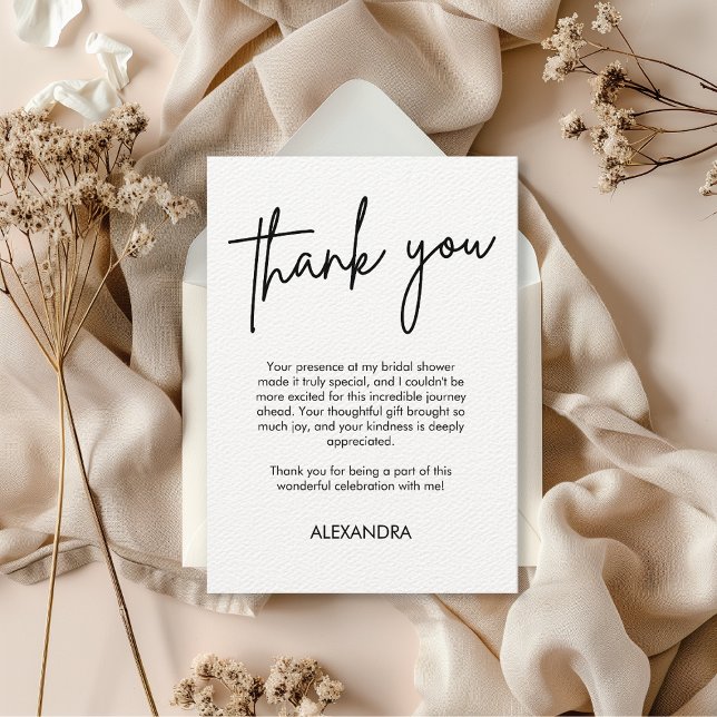 Minimalistische Skripttypografie Brautparty B&W Dankeskarte (minimalist bridal shower thank you card)