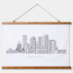 Minimalistische Skyline-Illustration in Boston Cit Wandteppich Mit Holzrahmen