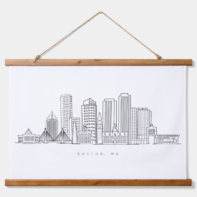Minimalistische Skyline-Illustration in Boston Cit Wandteppich Mit Holzrahmen (Vorne)