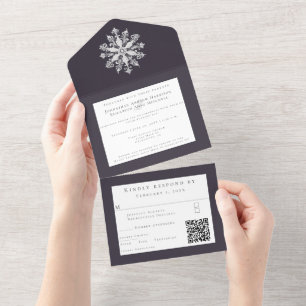 Minimalistische Snowflake-Hochzeit Plum Lila All In One Einladung