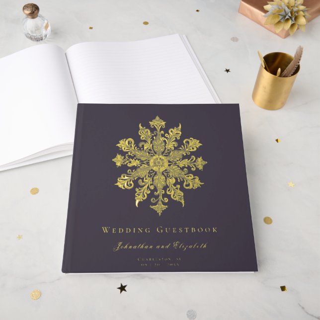 Minimalistische Snowflake-Hochzeit | Plum Lila Gästebuch (Vorderseite Offen)
