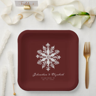 Minimalistische Snowflake-Hochzeit Rot Pappteller